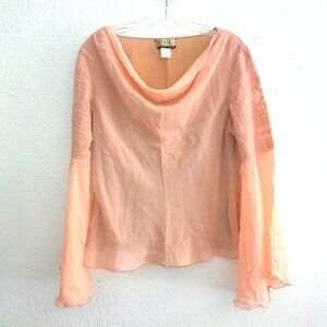 The Look Luxe, Peach long flare sleeve shirt, with embroidery details, 100% silk